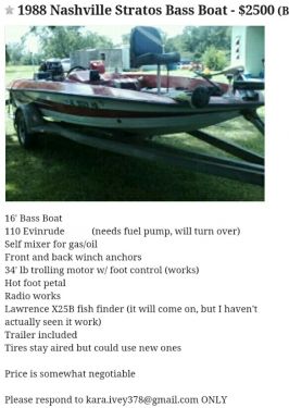 Used Bass boat Boats For Sale by owner | 1988 16 foot Bass Boat Nashville Stratos